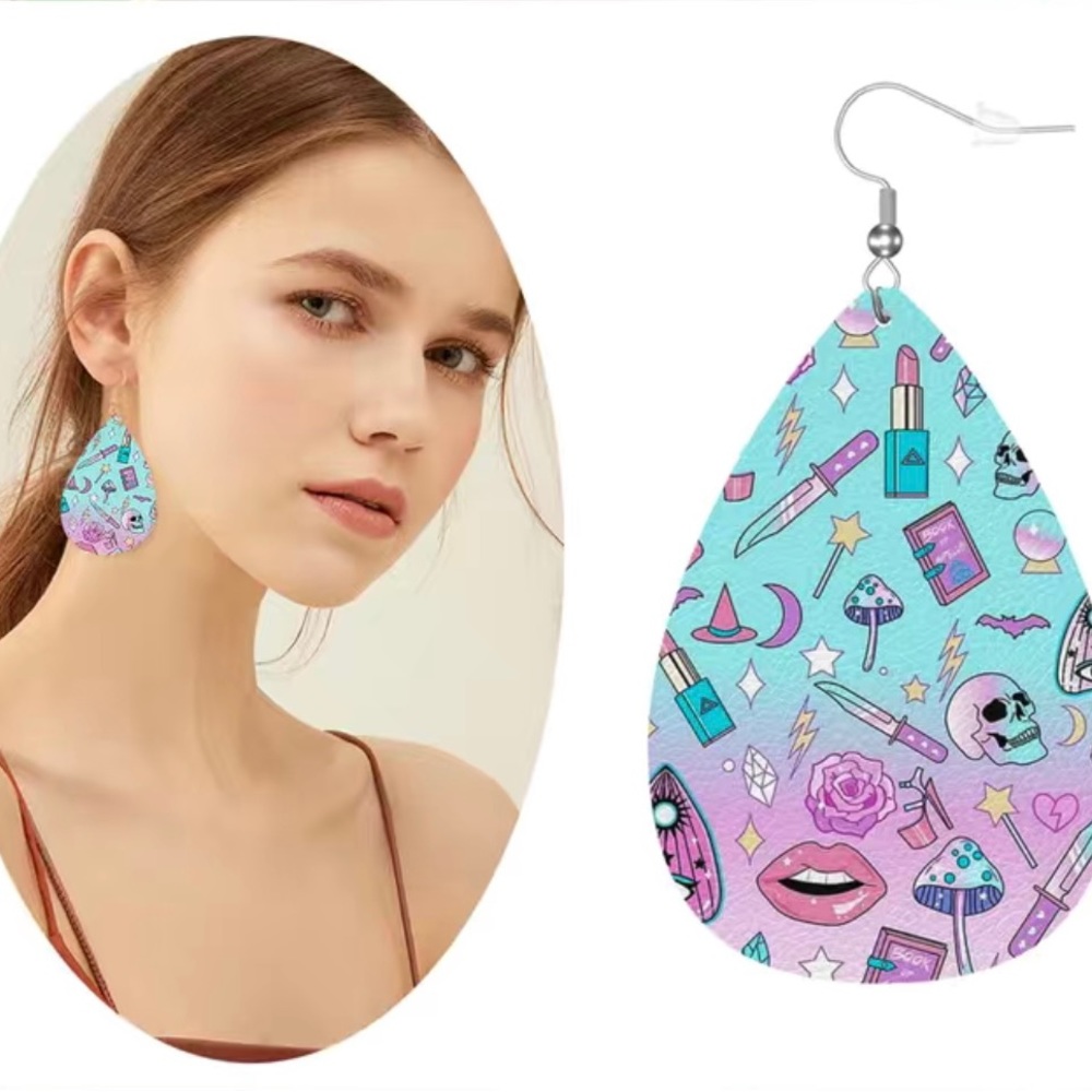 Gothic Colorful Skull Faux Leather Teardrop Halloween Earrings Faux Fashion Jewe